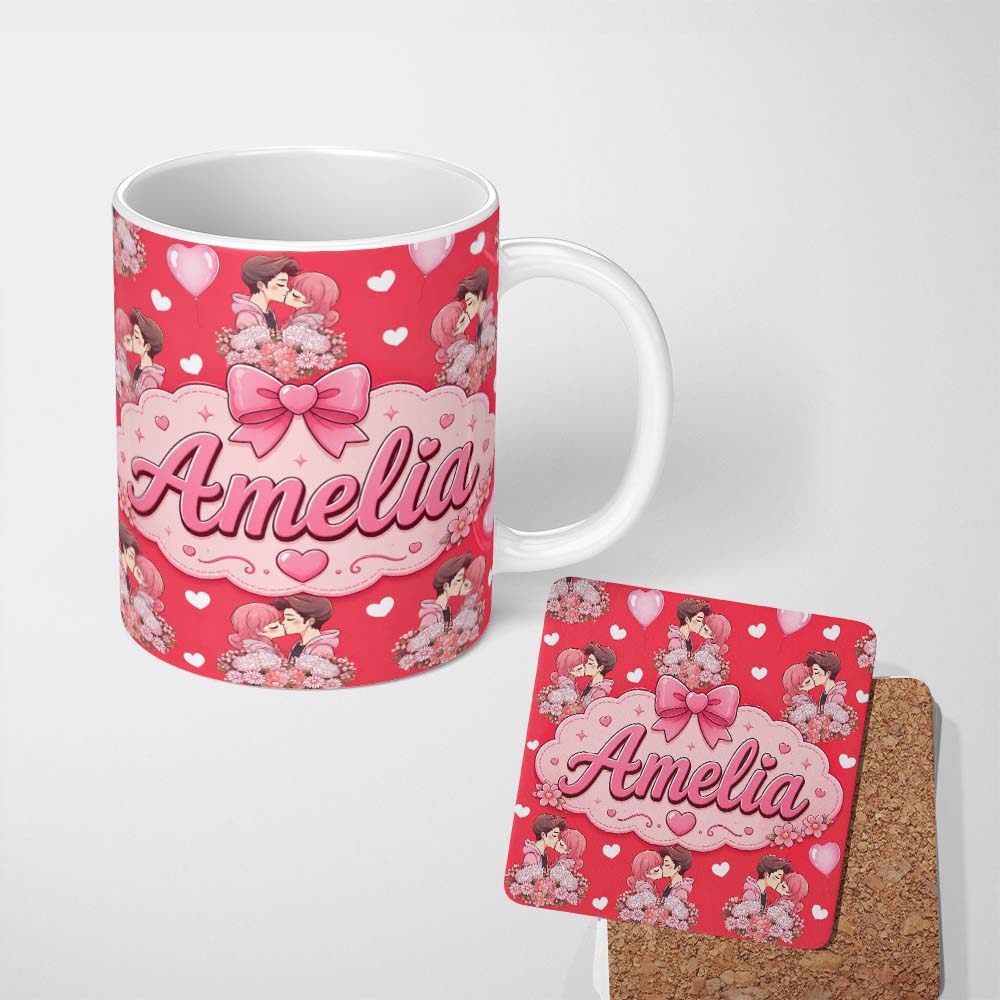 Personalized Custom Name Romantic Couple Kissing Floral Bouquet Hearts Seamless Pattern Red 11oz Ceramic Coffee Tea Mug White Large Handle