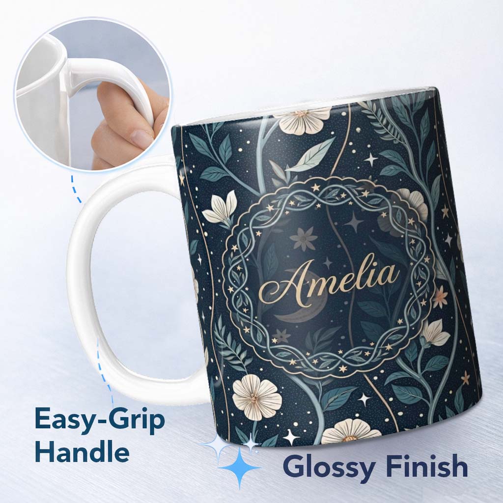 Personalized Custom Name Floral Moon Stars Night Sky Botanical Garden Seamless Pattern Lovely 11oz Ceramic Coffee Tea Mug White Large Handle