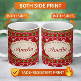 Personalized Custom Name Festive Heart Christmas Tree Knit Pattern Red Green White Nordic 11oz Ceramic Coffee Tea Mug White Large Handle