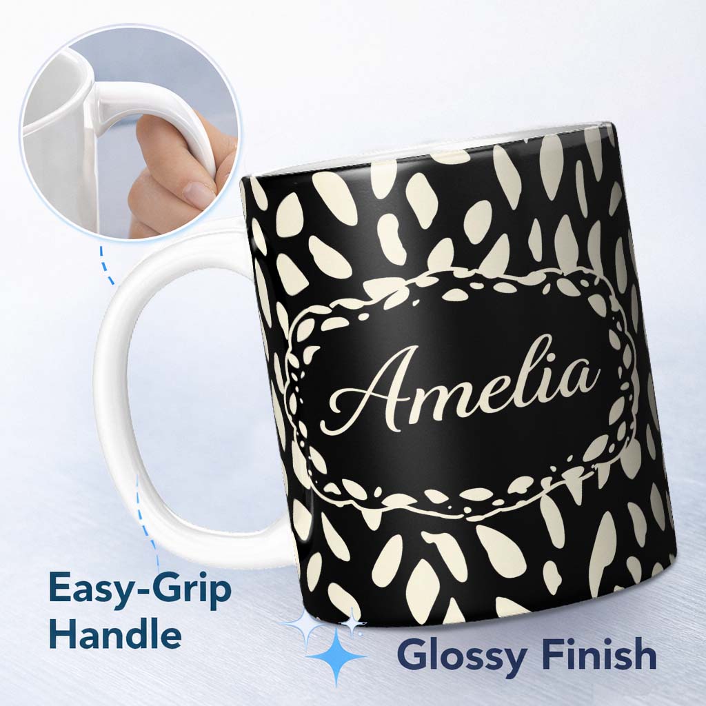 Personalized Custom Name Scattered Pebble Spots Black Cream Irregular Dot Pattern Lovely 11oz Ceramic Coffee Tea Mug White Large Handle