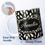 Personalized Custom Name Scattered Pebble Spots Black Cream Irregular Dot Pattern Lovely 11oz Ceramic Coffee Tea Mug White Large Handle