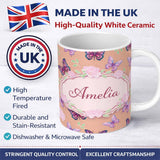 Personalized Custom Name Pink Purple Butterfly Floral Peach Background Seamless Pattern 11oz Ceramic Coffee Tea Mug White Large Handle