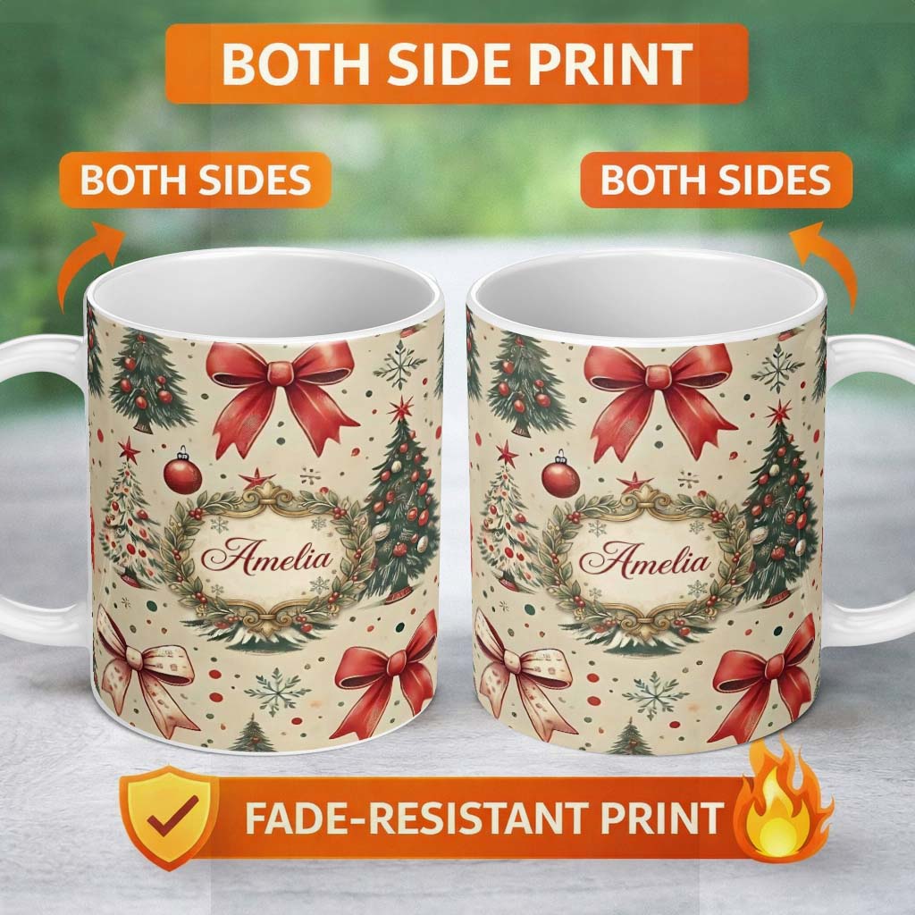 Personalized Custom Name Vintage Christmas Trees Red Bows Ornaments Seamless Pattern Lovely 11oz Ceramic Coffee Tea Mug White Large Handle
