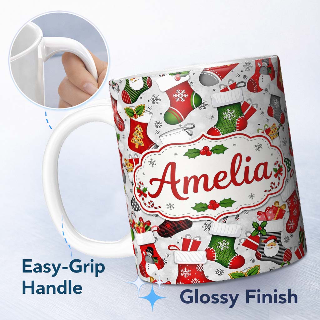 Personalized Custom Name Christmas Stockings Gifts Candy Cane Snowflake Seamless Pattern 11oz Ceramic Coffee Tea Mug White Large Handle