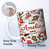 Personalized Custom Name Christmas Stockings Gifts Candy Cane Snowflake Seamless Pattern 11oz Ceramic Coffee Tea Mug White Large Handle