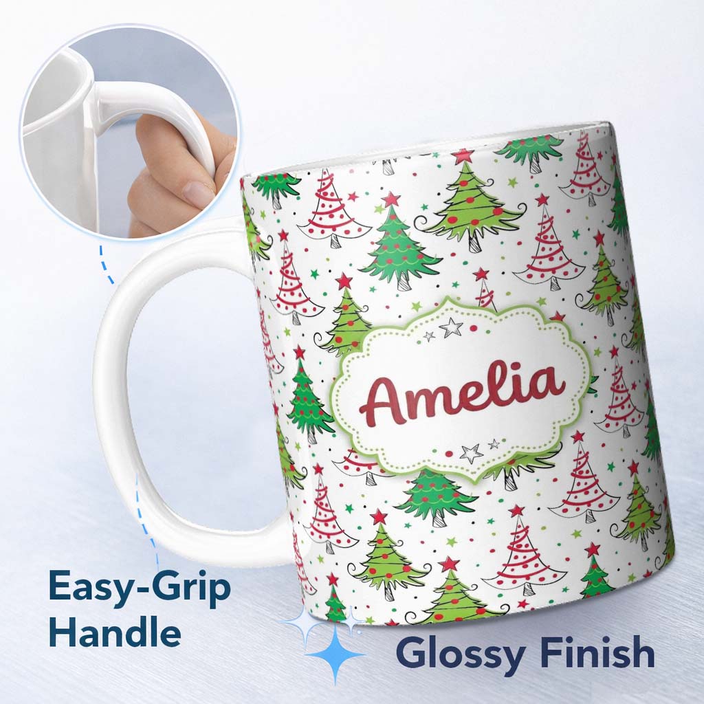 Personalized Custom Name Hand Drawn Christmas Trees with Stars Dots and Swirls Cute Seamless 11oz Ceramic Coffee Tea Mug White Large Handle
