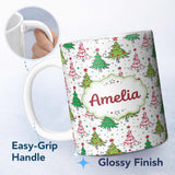 Personalized Custom Name Hand Drawn Christmas Trees with Stars Dots and Swirls Cute Seamless 11oz Ceramic Coffee Tea Mug White Large Handle