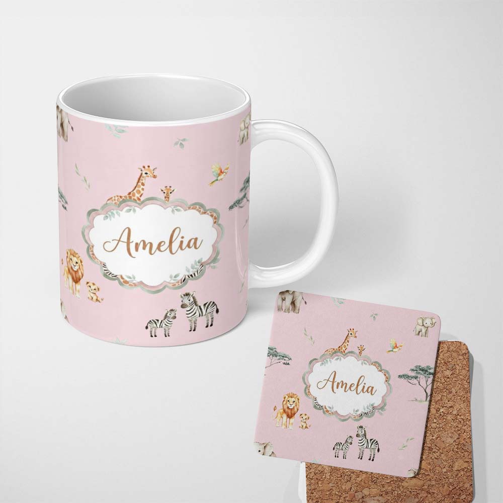 Personalized Custom Name Safari Animals Giraffe Lion Zebra on Blush Pink Seamless Pattern 11oz Ceramic Coffee Tea Mug White Large Handle