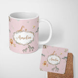 Personalized Custom Name Safari Animals Giraffe Lion Zebra on Blush Pink Seamless Pattern 11oz Ceramic Coffee Tea Mug White Large Handle