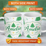 Personalized Custom Name Decorated Christmas Trees with Stars and Snowflakes Bright Holiday 11oz Ceramic Coffee Tea Mug White Large Handle