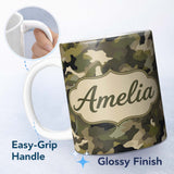 Personalized Custom Name Classic Green Army Camouflage Seamless Pattern Beautiful Coffee Cup 11oz Ceramic Coffee Tea Mug White Large Handle