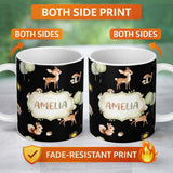 Personalized Custom Name Woodland Deer Fox Trees Mushrooms Sun Animals White Seamless 11oz Ceramic Coffee Tea Mug White Large Handle