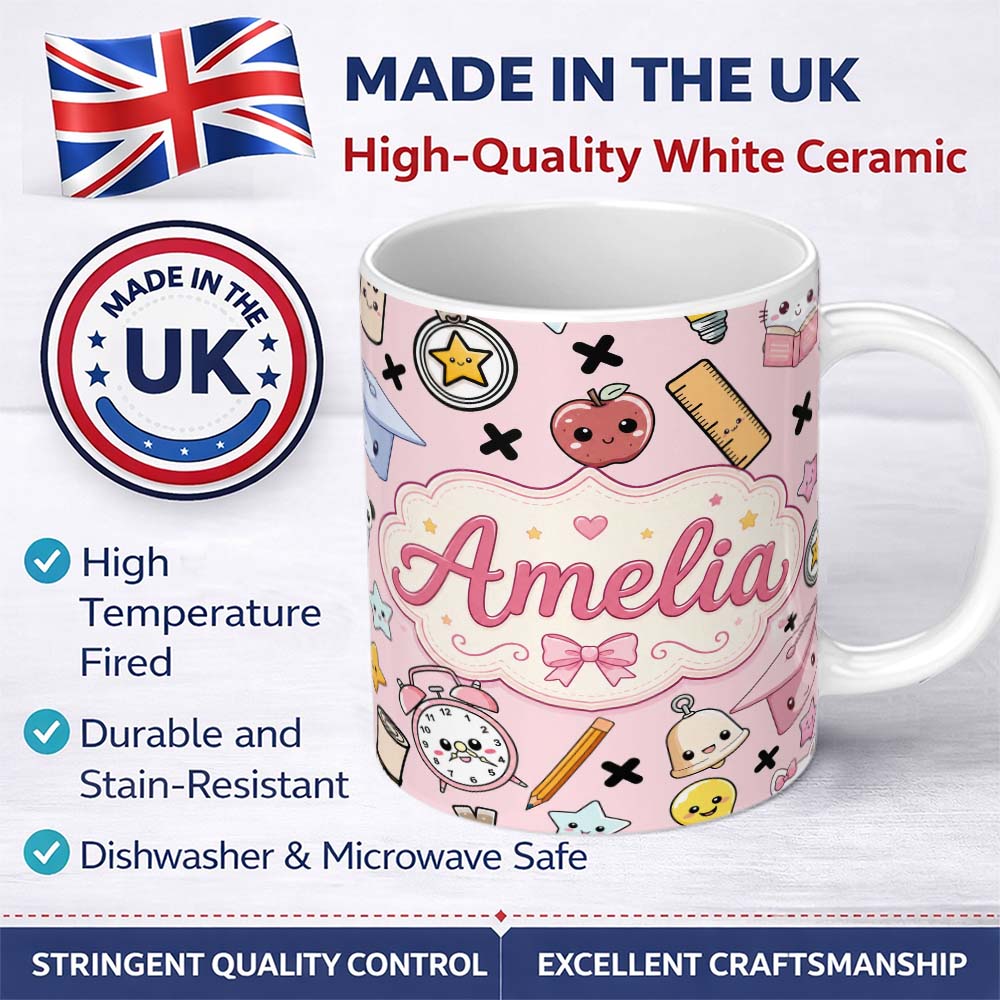 Personalized Custom Name Cute Kawaii School Supplies And Study Seamless Pattern Pink Lovely 11oz Ceramic Coffee Tea Mug White Large Handle