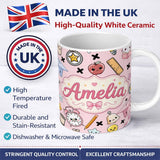 Personalized Custom Name Cute Kawaii School Supplies And Study Seamless Pattern Pink Lovely 11oz Ceramic Coffee Tea Mug White Large Handle