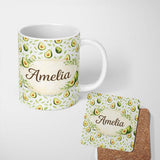 Personalized Custom Name Light Botanical Avocado Leaf Pattern Beautiful Coffee Cup Lovely 11oz Ceramic Coffee Tea Mug White Large Handle
