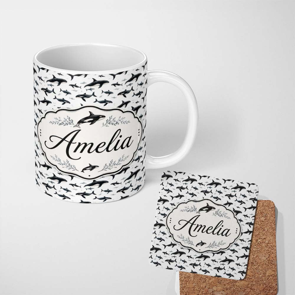 Personalized Custom Name Realistic Orca Whale Seamless Pattern Ocean Wildlife Illustration 11oz Ceramic Coffee Tea Mug White Large Handle