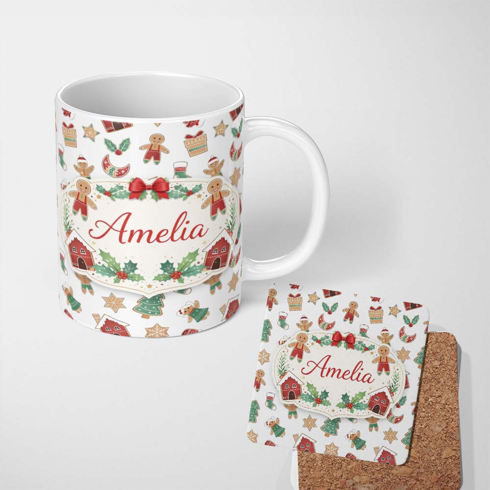 Personalized Custom Name Gingerbread Christmas Cookie Pattern Cute Holiday Seamless Design 11oz Ceramic Coffee Tea Mug White Large Handle