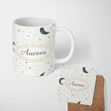 Personalized Custom Name Cute Moon Stars Clouds Nursery Neutral Seamless Pattern Lovely 11oz Ceramic Coffee Tea Mug White Large Handle