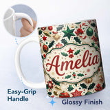 Personalized Custom Name Festive Christmas Star Ornaments Holly Leaves Seamless Pattern 11oz Ceramic Coffee Tea Mug White Large Handle