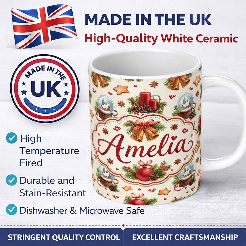 Personalized Custom Name Vintage Christmas Bells Candle Snow Globe Festive Seamless Pattern 11oz Ceramic Coffee Tea Mug White Large Handle