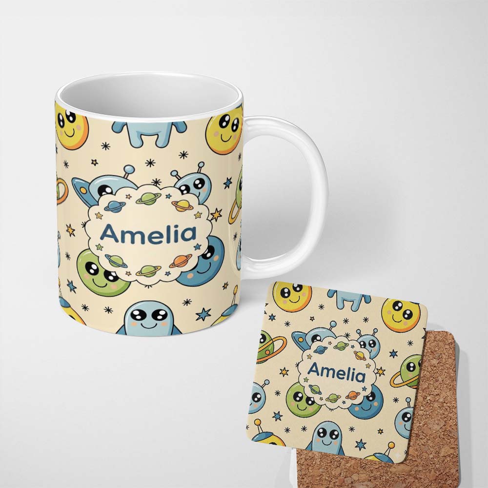 Personalized Custom Name Cute Space Aliens Planets Stars Galaxy Fun Seamless Pattern Lovely 11oz Ceramic Coffee Tea Mug White Large Handle