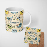 Personalized Custom Name Cute Space Aliens Planets Stars Galaxy Fun Seamless Pattern Lovely 11oz Ceramic Coffee Tea Mug White Large Handle
