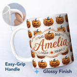 Personalized Custom Name Grunge Style Pumpkin Splash White Background Halloween Seamless 11oz Ceramic Coffee Tea Mug White Large Handle