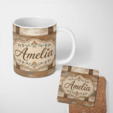 Personalized Custom Name Rustic Wooden Plank Texture Farmhouse Style Seamless Pattern Lovely 11oz Ceramic Coffee Tea Mug White Large Handle