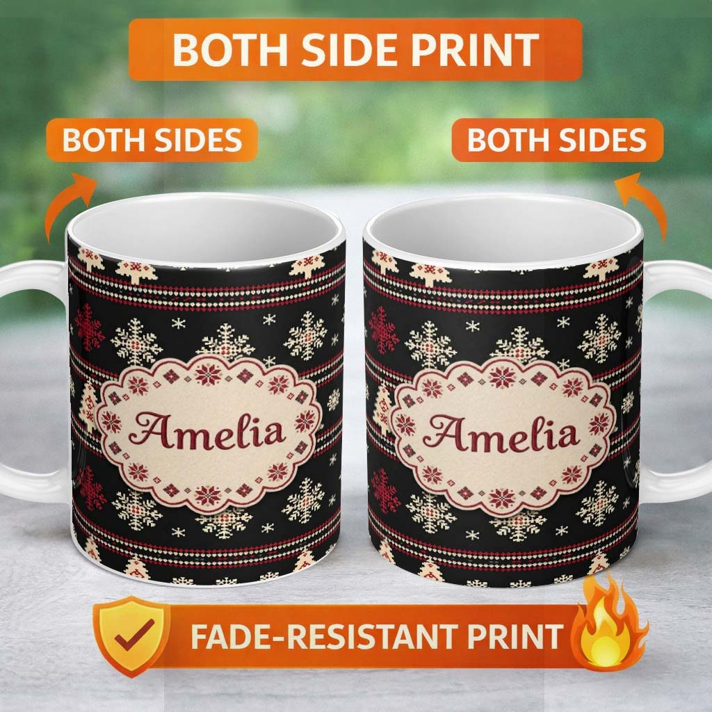 Personalized Custom Name Cute Nordic Snowflake Christmas Tree Pattern Winter Seamless Pattern 11oz Ceramic Coffee Tea Mug White Large Handle