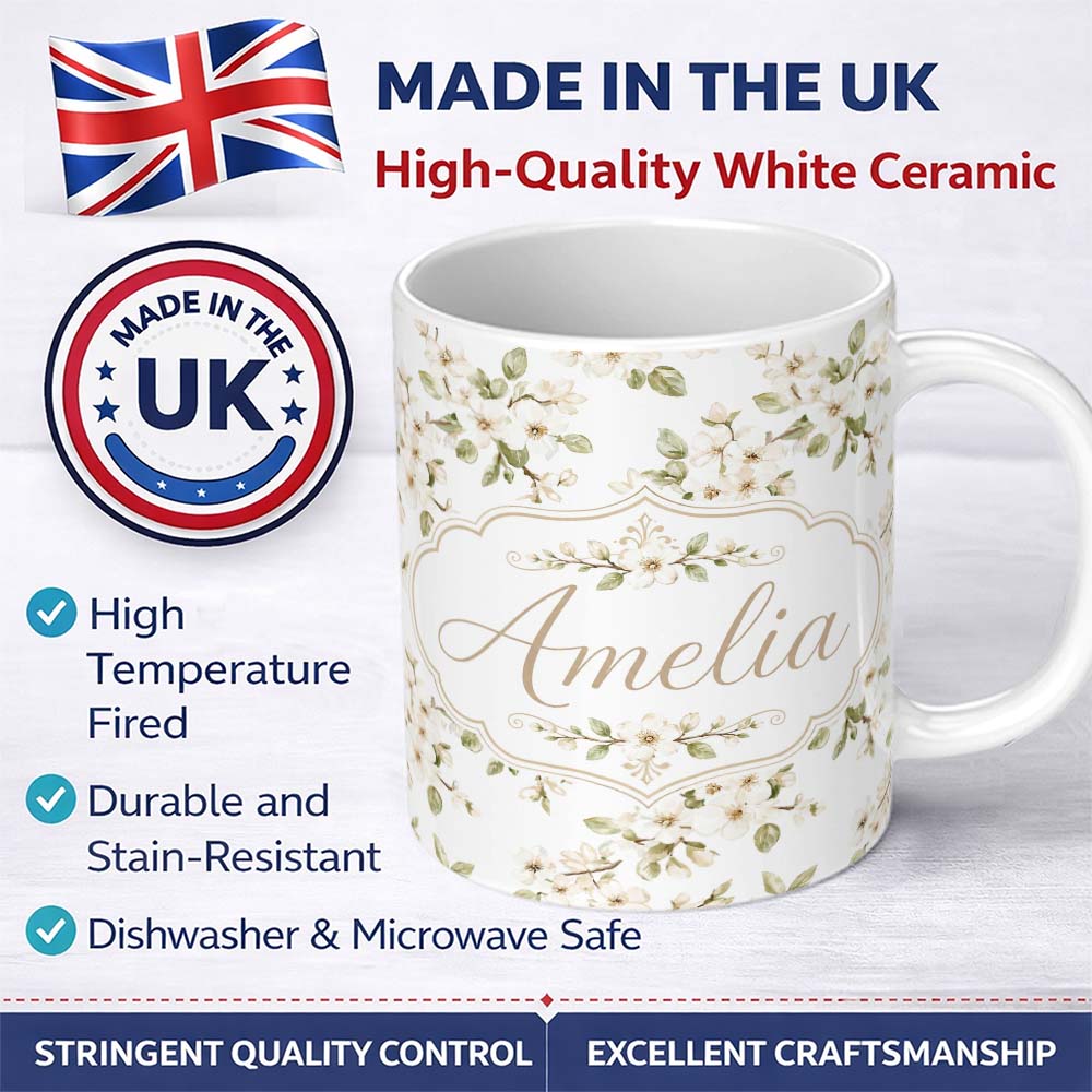 Personalized Custom Name Soft White Blossom Floral Branch Seamless Pattern Cute Unique Gift 11oz Ceramic Coffee Tea Mug White Large Handle