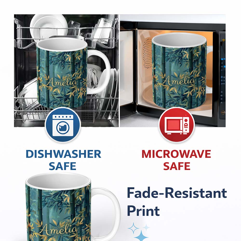 Personalized Custom Name Serene Bamboo Forest with Soft Mist Pattern Asian Nature Botanical 11oz Ceramic Coffee Tea Mug White Large Handle