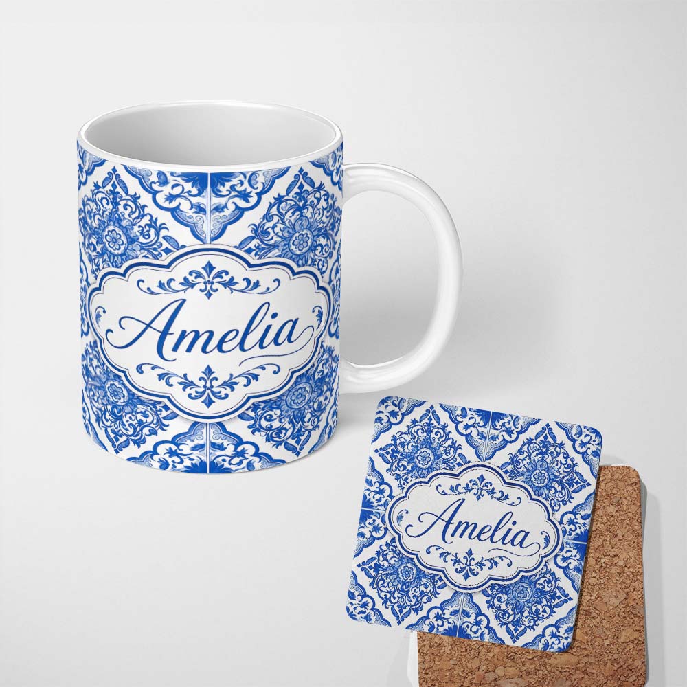 Personalized Custom Name Blue Portuguese Azulejo Ornamental Tile Seamless Pattern Lovely 11oz Ceramic Coffee Tea Mug White Large Handle