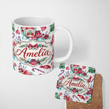 Personalized Custom Name Watercolor Christmas Gnome Candy Cane Tree Hearts Festive Seamless 11oz Ceramic Coffee Tea Mug White Large Handle