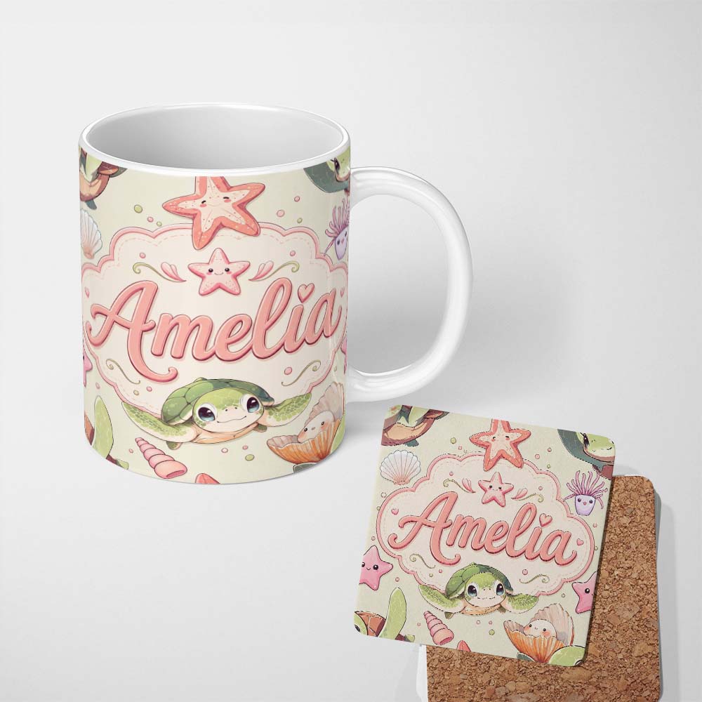 Personalized Custom Name Cute Kawaii Sea Turtle Starfish Shells Ocean Friends Cream Lovely 11oz Ceramic Coffee Tea Mug White Large Handle
