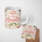 Personalized Custom Name Cute Kawaii Sea Turtle Starfish Shells Ocean Friends Cream Lovely 11oz Ceramic Coffee Tea Mug White Large Handle