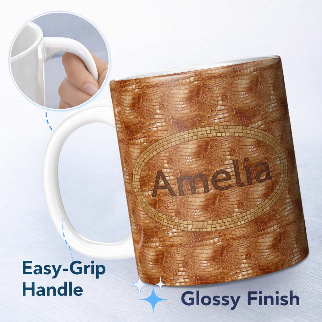 Personalized Custom Name Glossy Tan Crocodile Texture Pattern Premium Leather Look Design 11oz Ceramic Coffee Tea Mug White Large Handle