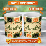 Personalized Custom Name Olive Pumpkin Checkerboard Rustic Autumn Seamless Pattern UK Name 11oz Ceramic Coffee Tea Mug White Large Handle