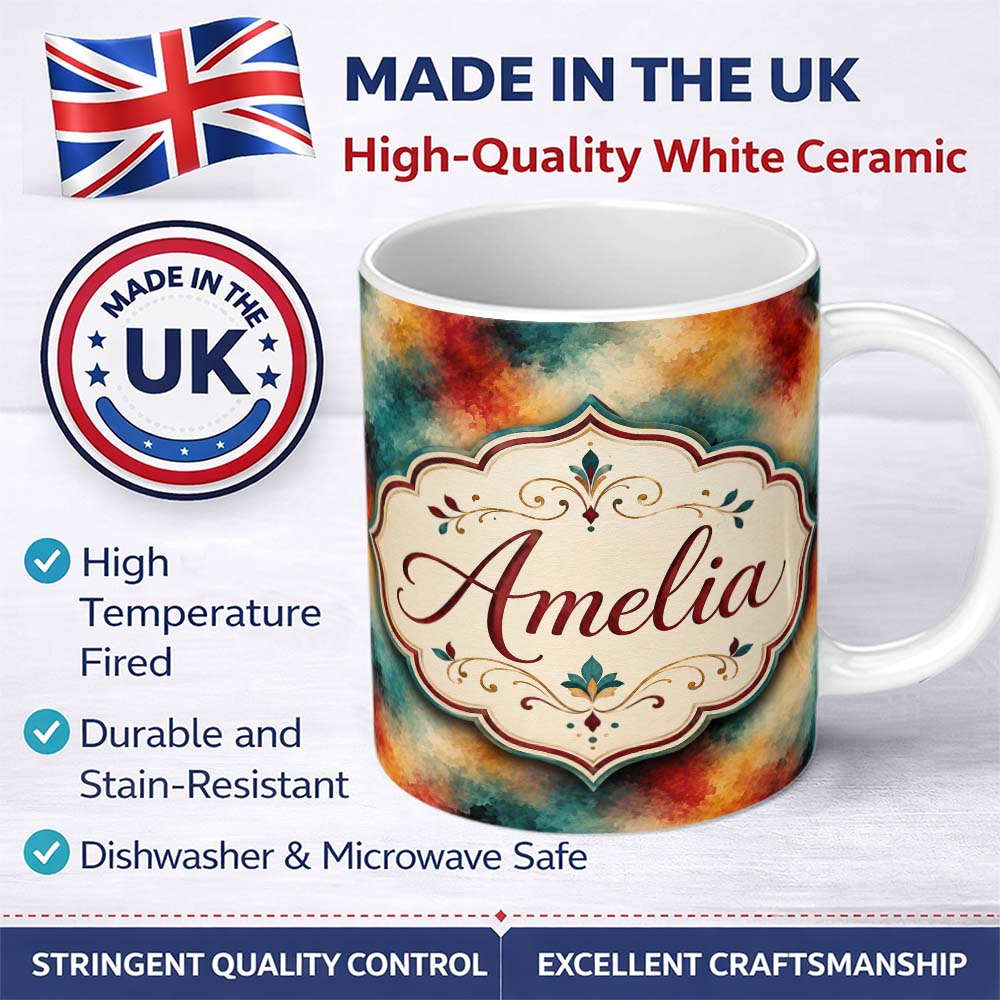 Personalized Custom Name Abstract Watercolour Burst in Teal Orange and Red Seamless Pattern 11oz Ceramic Coffee Tea Mug White Large Handle