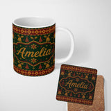 Personalized Custom Name Holiday Gift Box Knit Pattern Green Red Gold Christmas Sweater Style 11oz Ceramic Coffee Tea Mug White Large Handle
