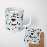 Personalized Custom Name Cute Halloween Dracula Ghost Bats on Soft Blue Background Seamless 11oz Ceramic Coffee Tea Mug White Large Handle