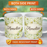Personalized Custom Name Avocado Leaf Fresh Green Pattern Stylish Everyday Mug Lovely 11oz Ceramic Coffee Tea Mug White Large Handle