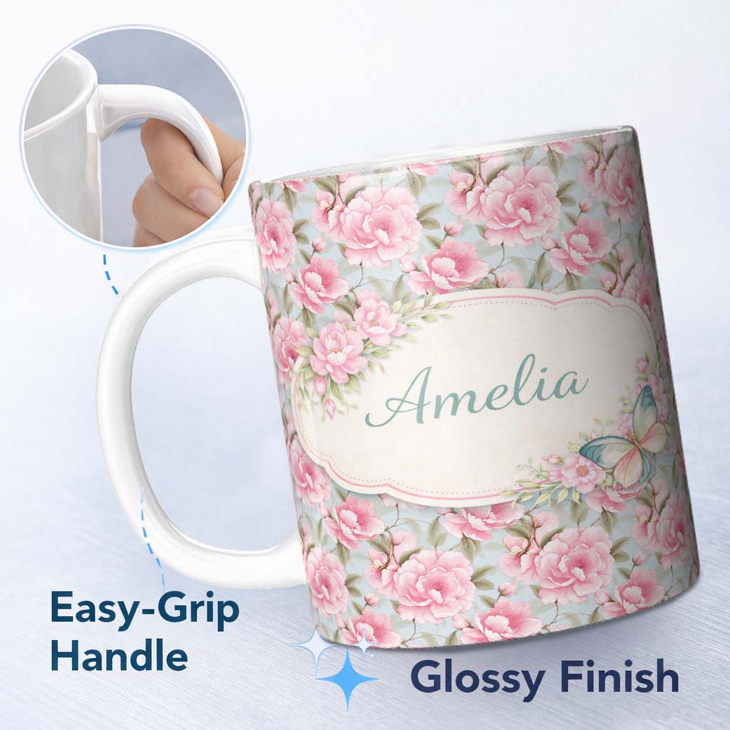 Personalized Custom Name Pastel Pink Peony Floral Light Blue Background Seamless Pattern 11oz Ceramic Coffee Tea Mug White Large Handle