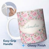 Personalized Custom Name Pastel Pink Peony Floral Light Blue Background Seamless Pattern 11oz Ceramic Coffee Tea Mug White Large Handle