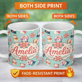 Personalized Custom Name Cute Snowman Snow Globe Poinsettia Flower Christmas Pattern Teal 11oz Ceramic Coffee Tea Mug White Large Handle