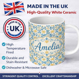 Personalized Custom Name Blue and Gold Classic Decorative Tile Pattern with Elegant Floral 11oz Ceramic Coffee Tea Mug White Large Handle