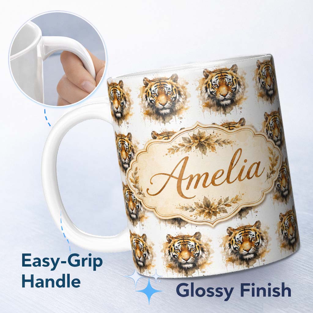 Personalized Custom Name Watercolor Tiger Face Artistic Seamless Pattern Perfect Gift for Her 11oz Ceramic Coffee Tea Mug White Large Handle