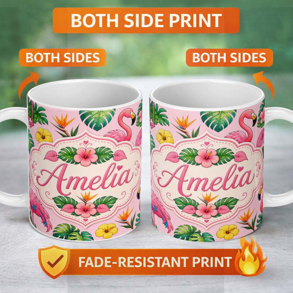 Personalized Custom Name Tropical Flamingo with Hibiscus Flowers and Leaves Soft Pink Lovely 11oz Ceramic Coffee Tea Mug White Large Handle