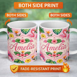 Personalized Custom Name Tropical Flamingo with Hibiscus Flowers and Leaves Soft Pink Lovely 11oz Ceramic Coffee Tea Mug White Large Handle