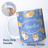Personalized Custom Name Cute Corgi Dogs Stars Blue Background Seamless Pattern Lovely 11oz Ceramic Coffee Tea Mug White Large Handle