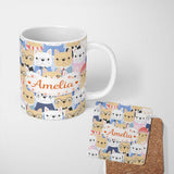 Personalized Custom Name Stylish French Bulldog Dogs Fashion Outfit Seamless Pattern Lovely 11oz Ceramic Coffee Tea Mug White Large Handle